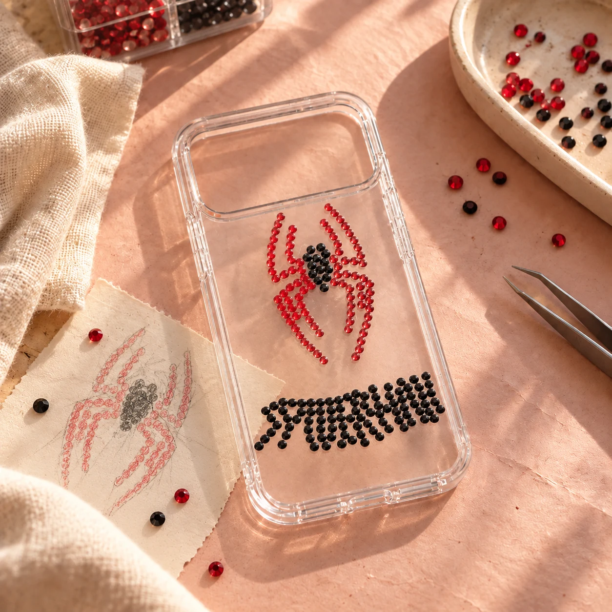 Coque transparente avec une araignée en strass rouges et noirs et un motif noir dans le bas