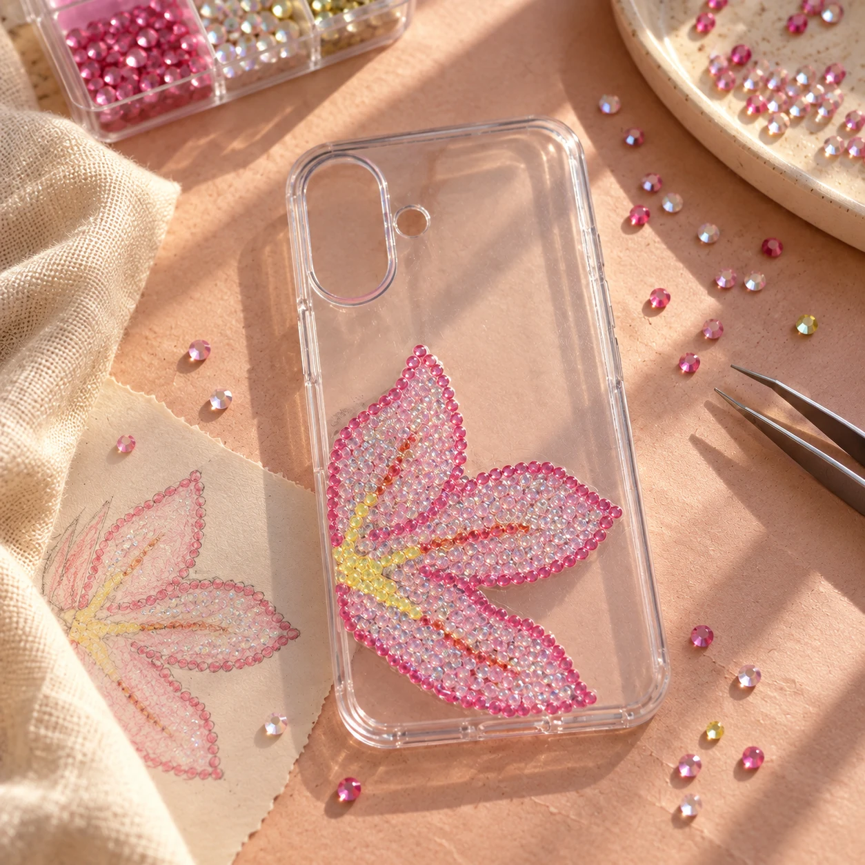 Coque de téléphone transparente décorée d’une grande fleur rose en strass aux détails jaunes