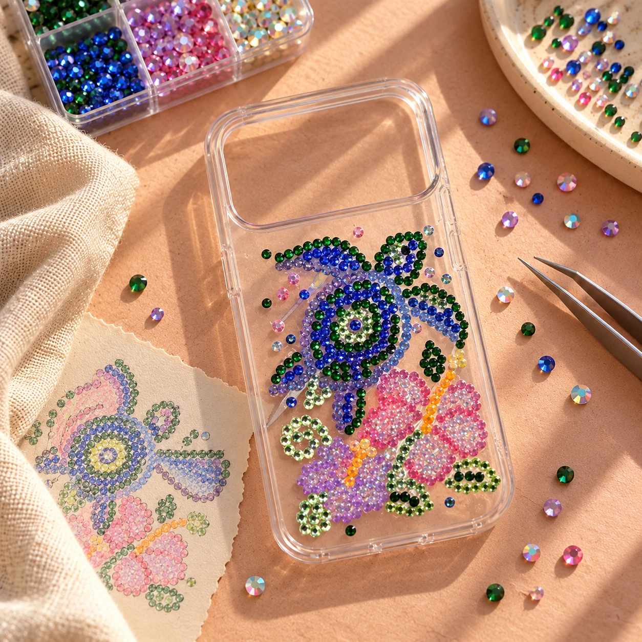 Coque transparente ornée d’un papillon rose et violet et de motifs bleus et verts en strass